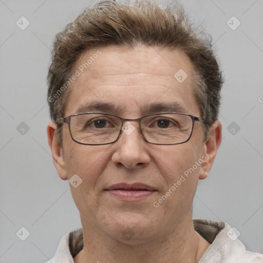 Joyful white middle-aged male with short  brown hair and brown eyes