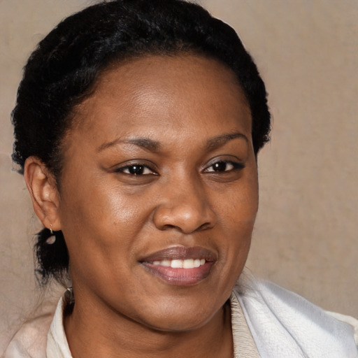 Joyful black adult female with short  brown hair and brown eyes