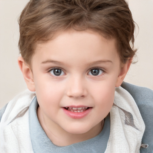 Joyful white child female with short  brown hair and grey eyes