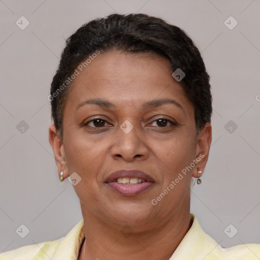 Joyful white adult female with short  brown hair and brown eyes