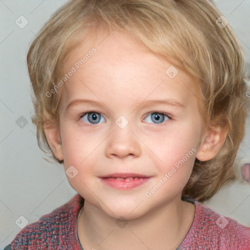 Joyful white child female with medium  brown hair and blue eyes