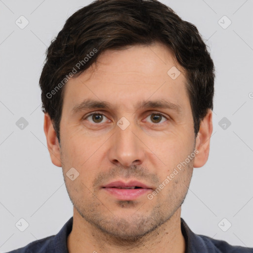 Neutral white adult male with short  brown hair and brown eyes