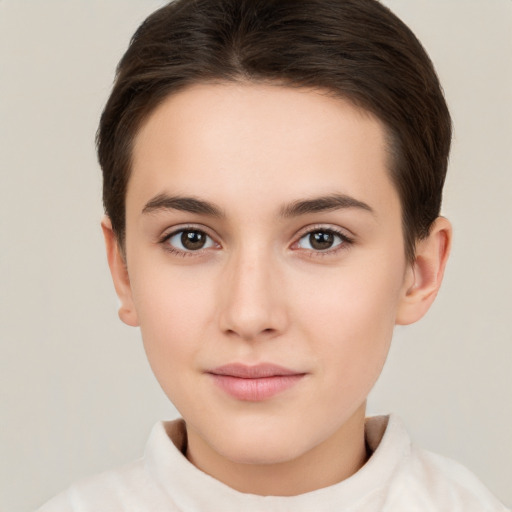 Neutral white young-adult female with short  brown hair and brown eyes