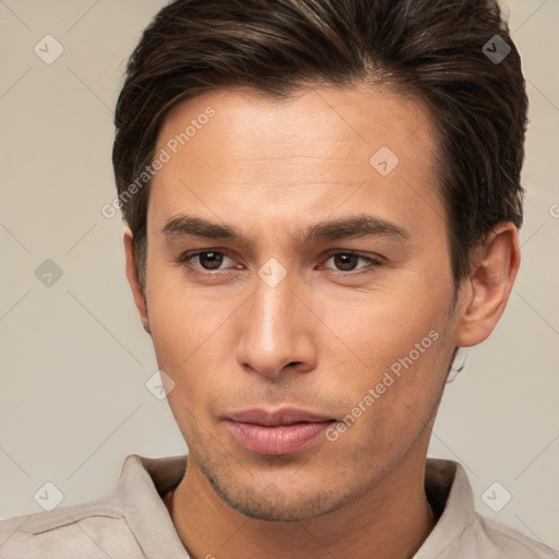 Neutral white young-adult male with short  brown hair and brown eyes