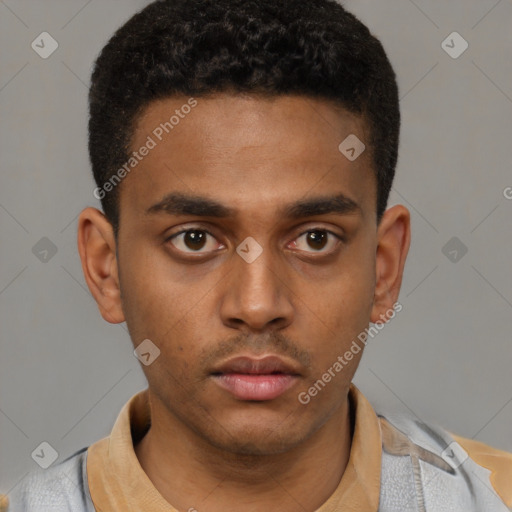 Neutral latino young-adult male with short  black hair and brown eyes