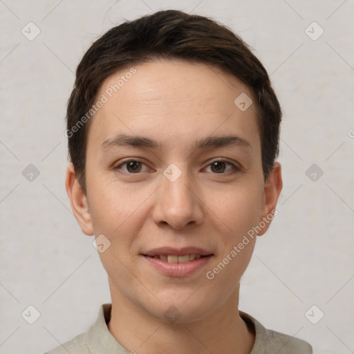 Joyful white young-adult female with short  brown hair and brown eyes