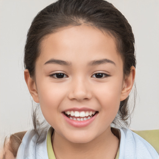 Joyful white child female with medium  brown hair and brown eyes