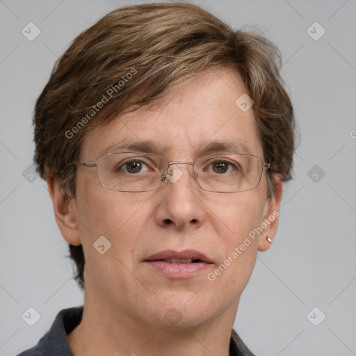 Joyful white adult male with short  brown hair and grey eyes