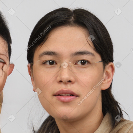 Neutral white young-adult female with medium  brown hair and brown eyes