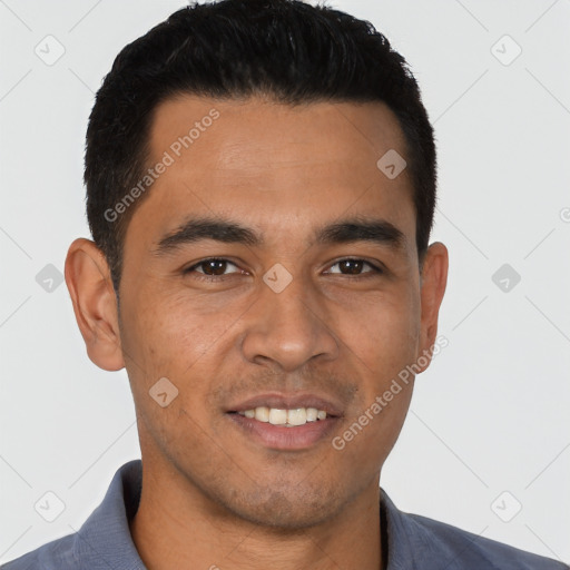 Joyful white young-adult male with short  black hair and brown eyes