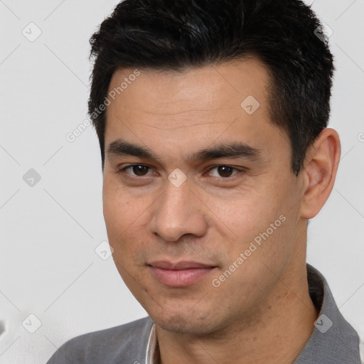 Joyful white young-adult male with short  black hair and brown eyes