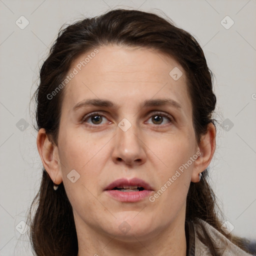 Neutral white adult female with medium  brown hair and brown eyes