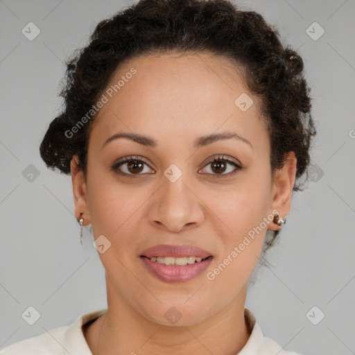 Joyful latino young-adult female with short  brown hair and brown eyes