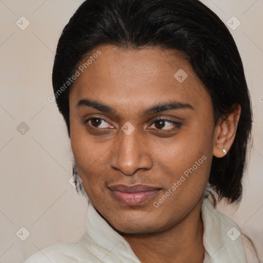 Joyful latino young-adult female with medium  brown hair and brown eyes