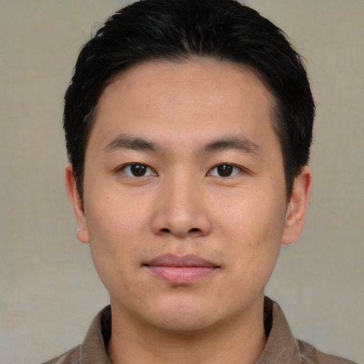 Neutral asian young-adult male with short  black hair and brown eyes