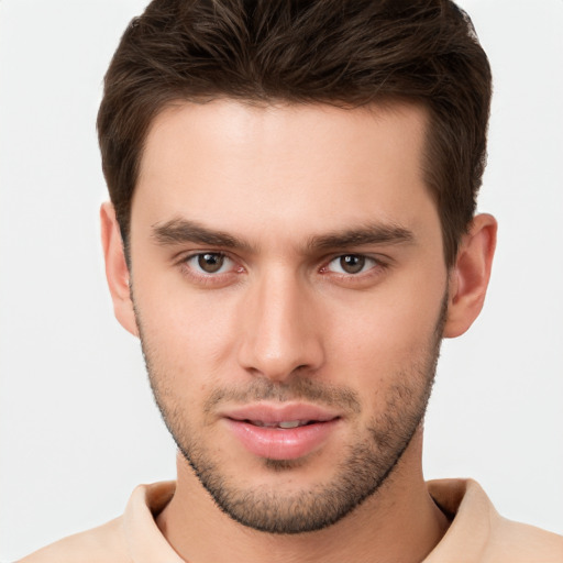 Neutral white young-adult male with short  brown hair and brown eyes