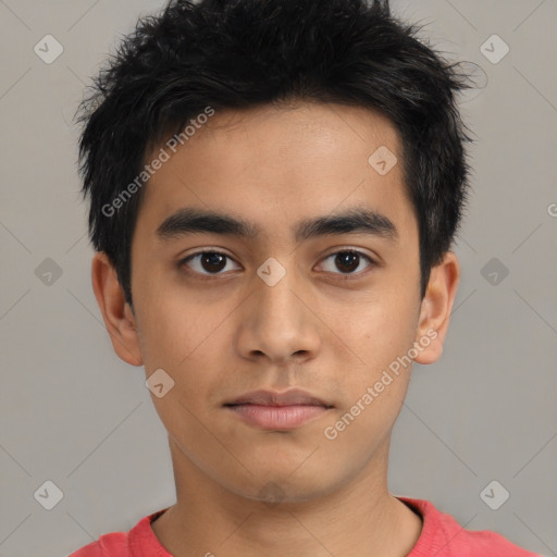 Neutral asian young-adult male with short  brown hair and brown eyes