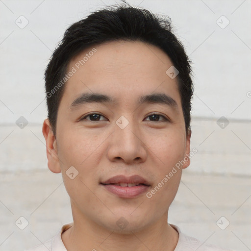 Neutral asian young-adult male with short  black hair and brown eyes