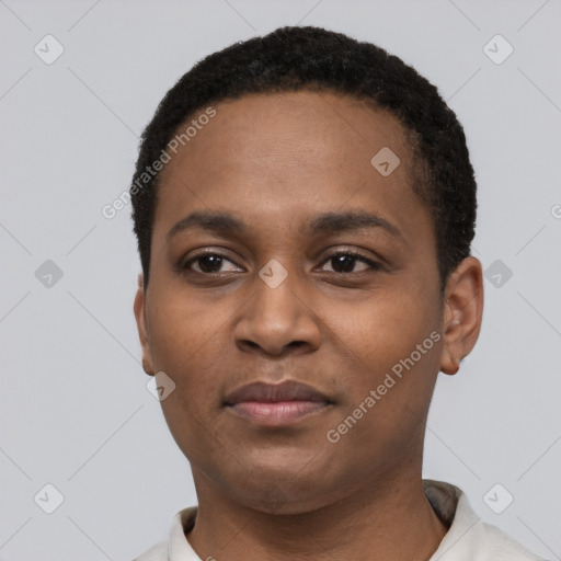 Neutral latino young-adult female with short  black hair and brown eyes