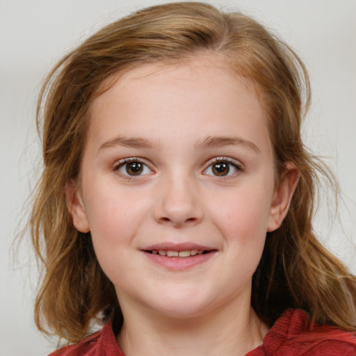 Joyful white child female with medium  brown hair and blue eyes