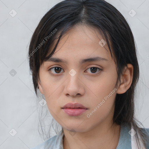 Neutral white young-adult female with medium  brown hair and brown eyes