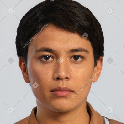 Neutral asian young-adult male with short  brown hair and brown eyes