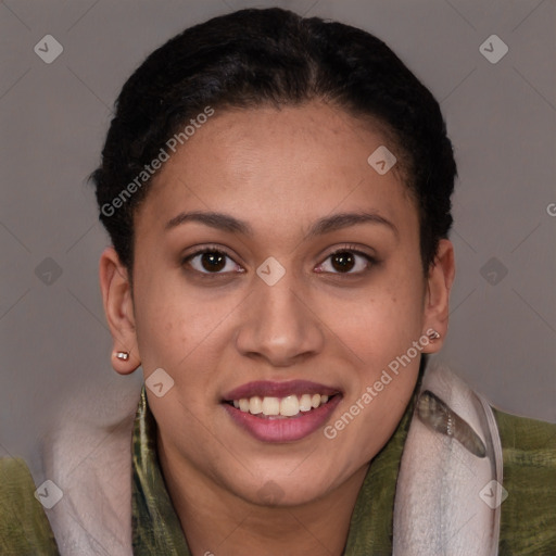 Joyful white young-adult female with short  brown hair and brown eyes