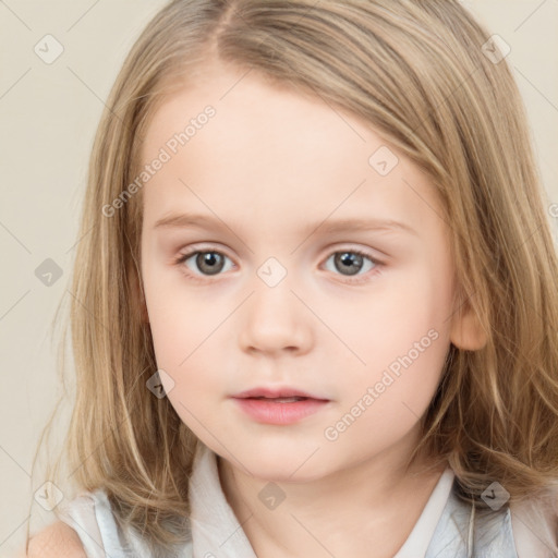 Neutral white child female with medium  brown hair and blue eyes