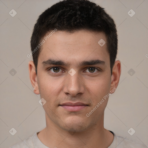 Neutral white young-adult male with short  brown hair and brown eyes