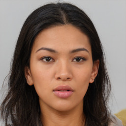 Neutral asian young-adult female with long  brown hair and brown eyes