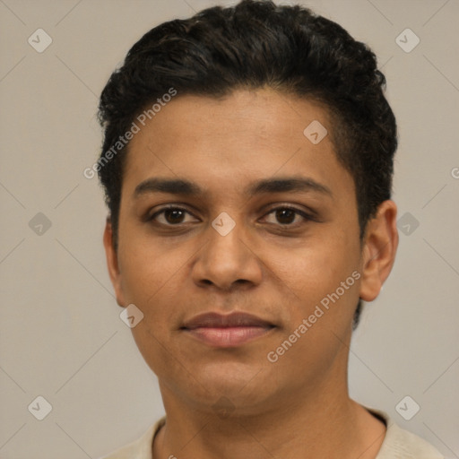 Joyful latino young-adult female with short  black hair and brown eyes