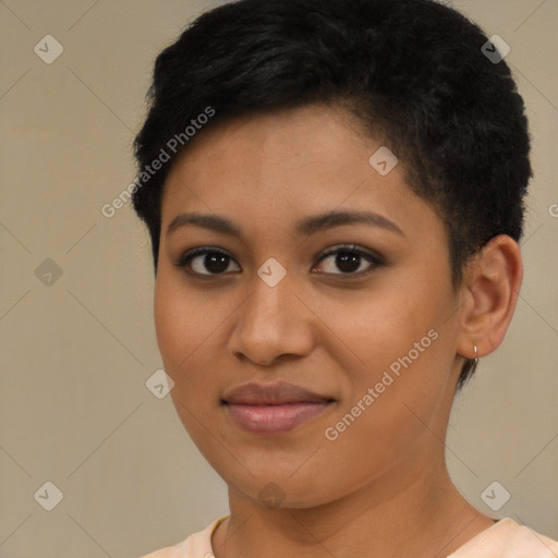 Joyful latino young-adult female with short  brown hair and brown eyes