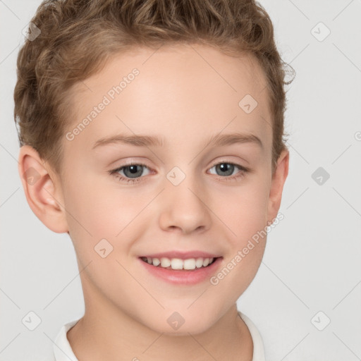 Joyful white child female with short  brown hair and brown eyes