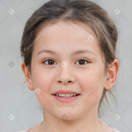 Joyful white child female with medium  brown hair and brown eyes