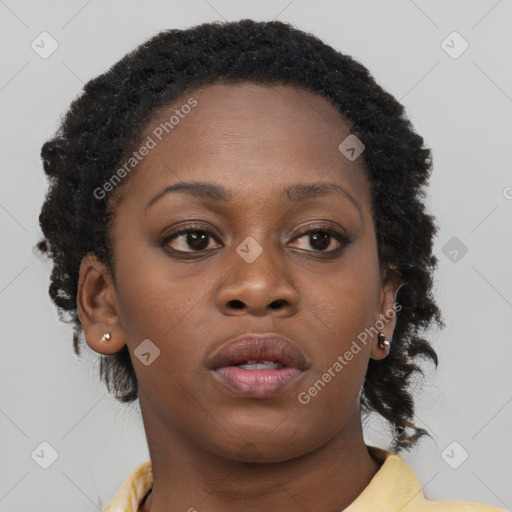 Neutral black young-adult female with short  brown hair and brown eyes