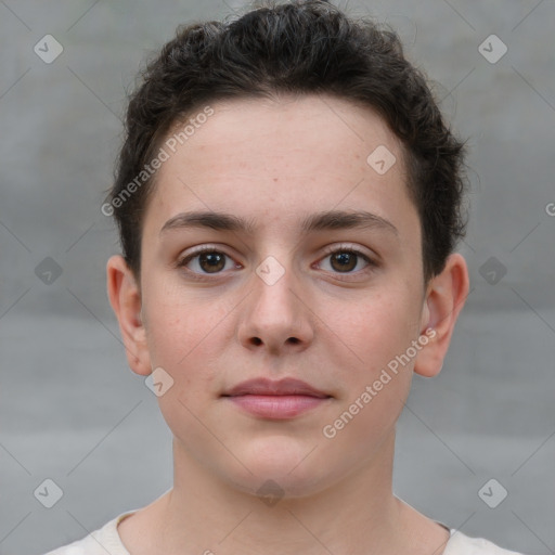 Neutral white young-adult female with short  brown hair and brown eyes