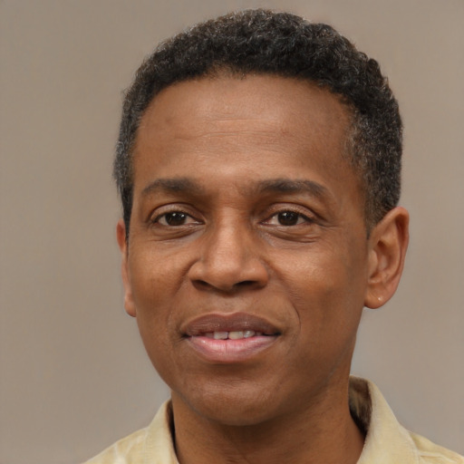 Joyful latino adult male with short  brown hair and brown eyes