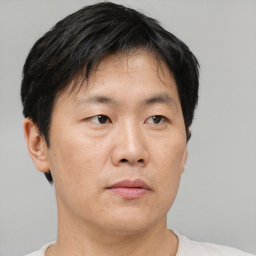 Neutral asian adult male with short  brown hair and brown eyes