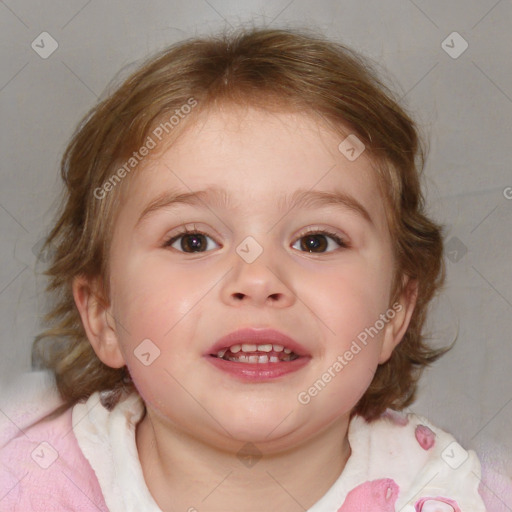 Joyful white child female with medium  brown hair and blue eyes