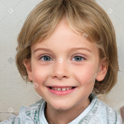 Joyful white child female with medium  brown hair and blue eyes