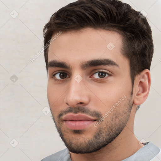 Neutral white young-adult male with short  brown hair and brown eyes