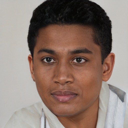 Neutral black young-adult male with short  black hair and brown eyes