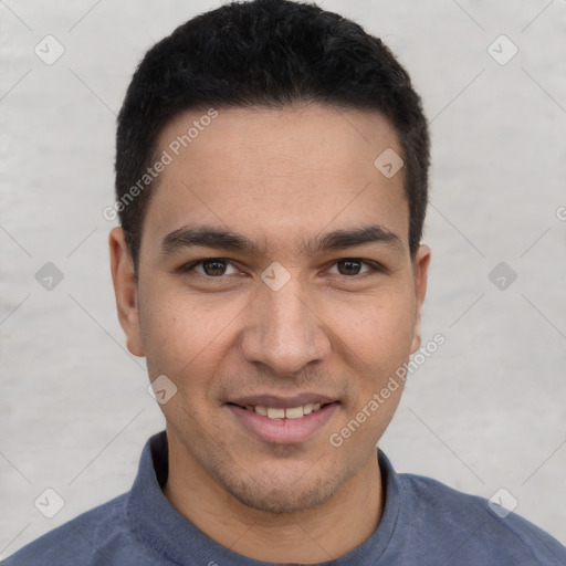 Joyful white young-adult male with short  black hair and brown eyes