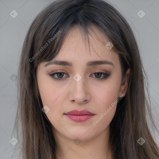 Neutral white young-adult female with long  brown hair and brown eyes