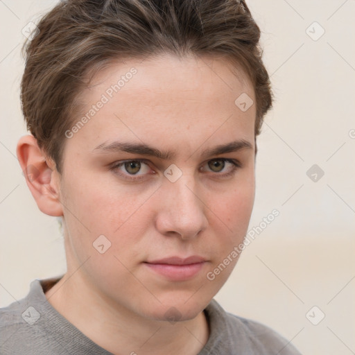 Neutral white young-adult male with short  brown hair and grey eyes