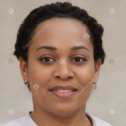 Joyful latino young-adult female with short  brown hair and brown eyes