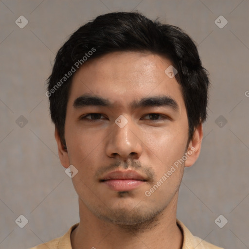 Neutral asian young-adult male with short  black hair and brown eyes