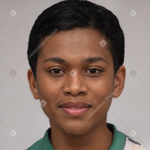 Joyful black young-adult female with short  black hair and brown eyes