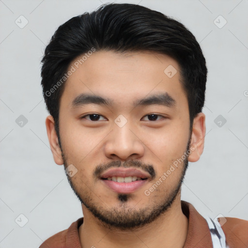 Neutral asian young-adult male with short  black hair and brown eyes