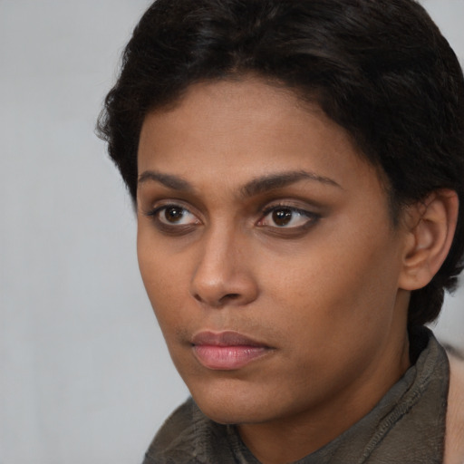 Neutral latino young-adult female with short  brown hair and brown eyes
